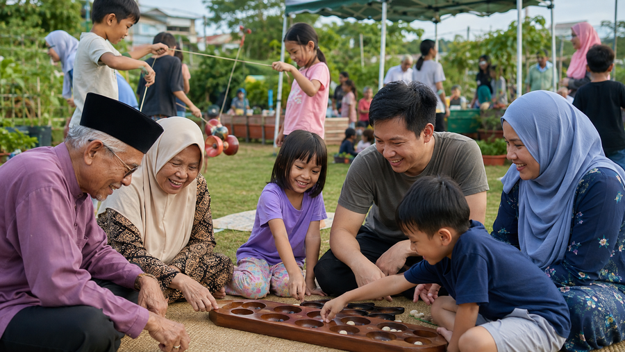 A multigenerational family playing traditional games outdoors