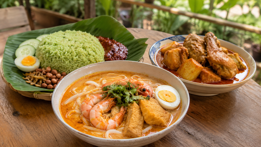 Pandan nasi lemak, Nyonya prawn laksa and curry chicken