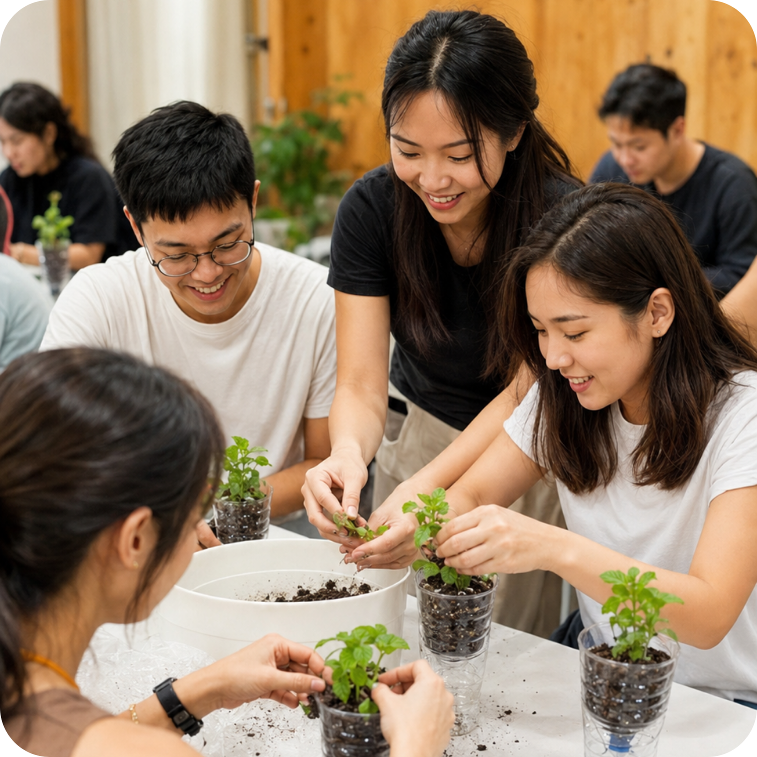 Employees taking part in a guided mindful planting workshop
